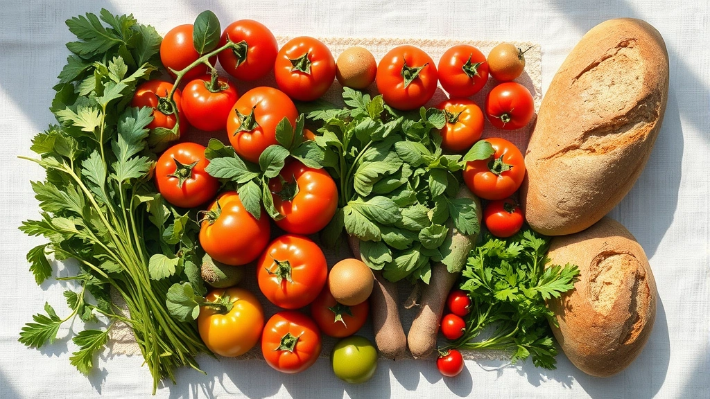 Vibrant flat-lay composition of fresh local produce from farmers market including heirloom tomatoes, leafy greens, root vegetables, fresh herbs, and artisanal bread, arranged on linen cloth with natural morning light creating shadows