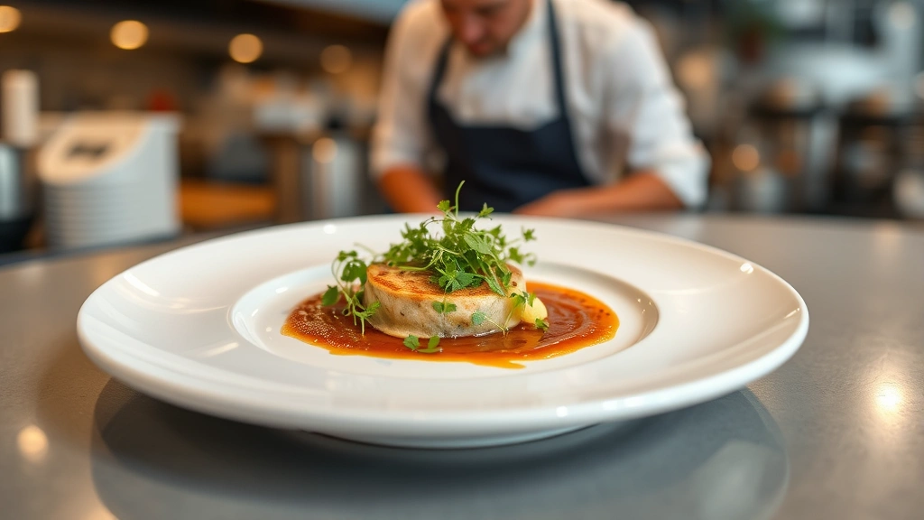 Fine dining plated dish with microgreens and sauce artistry, white ceramic plate, professional restaurant kitchen background, soft warm lighting