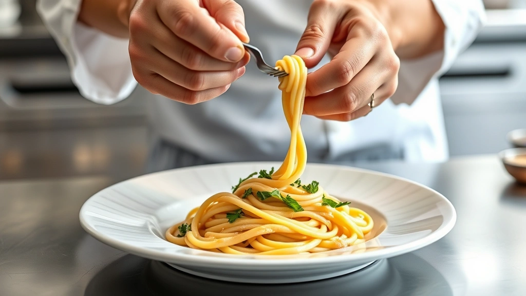 Chef's hands plating pasta with precision, silken sauce coating strands, garnish placement detail, stainless steel kitchen counter, focused concentration