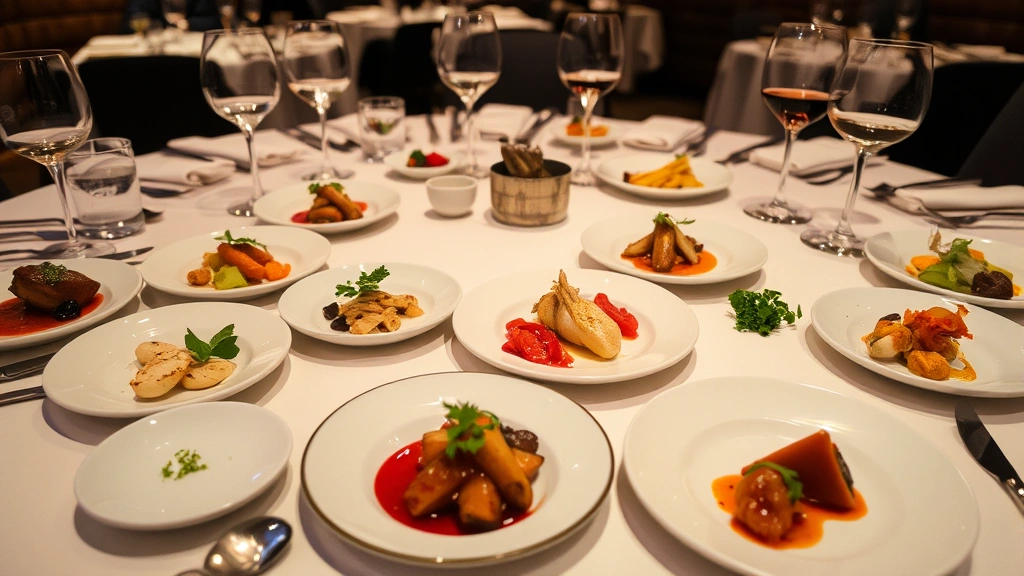 Multi-course tasting menu spread across table, varied dishes showing different preparations and colors, fine dining glassware, intimate restaurant ambiance