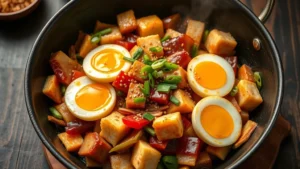 Vibrant overhead shot of goya champuru stir-fry with bitter melon, eggs, spam, and tofu in a traditional wok, steam rising, garnished with green onions and sesame seeds