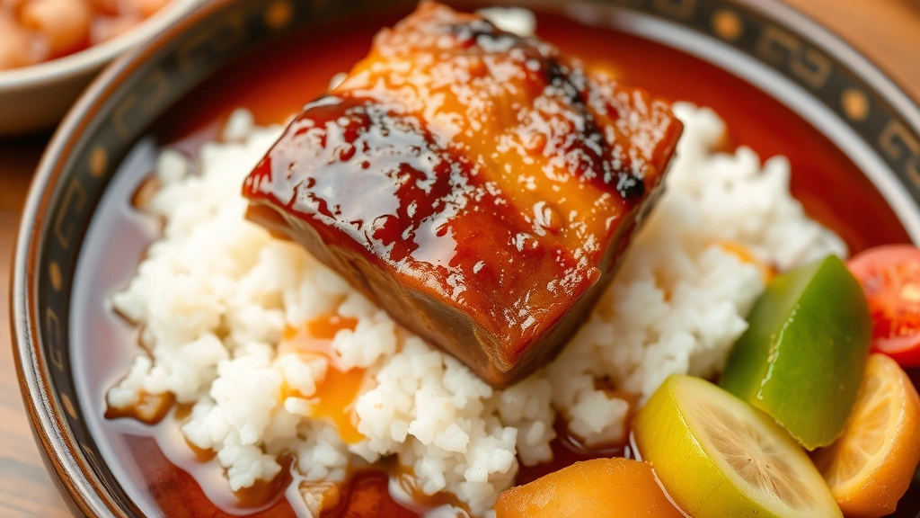 Close-up of glossy rafute pork belly braised until gelatinous, glistening with reduction, served over white rice with pickled ginger and bitter melon on the side