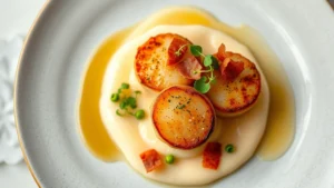 Overhead view of a luxurious plate featuring seared scallops on silky cauliflower purée with crispy pancetta shards, microgreens, and brown butter foam, photographed in soft natural light with shallow depth of field