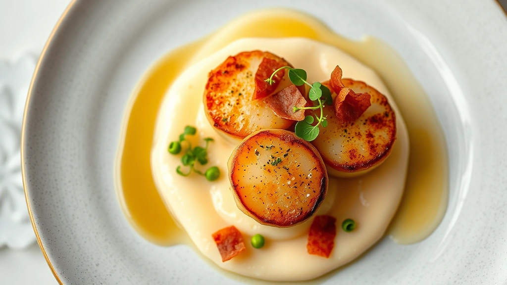 Overhead view of a luxurious plate featuring seared scallops on silky cauliflower purée with crispy pancetta shards, microgreens, and brown butter foam, photographed in soft natural light with shallow depth of field