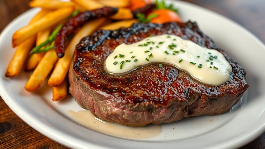 Plated dry-aged ribeye steak with a golden-brown crust, compound herb butter melting across the surface, accompanied by hand-cut fries and roasted seasonal vegetables on a white ceramic plate