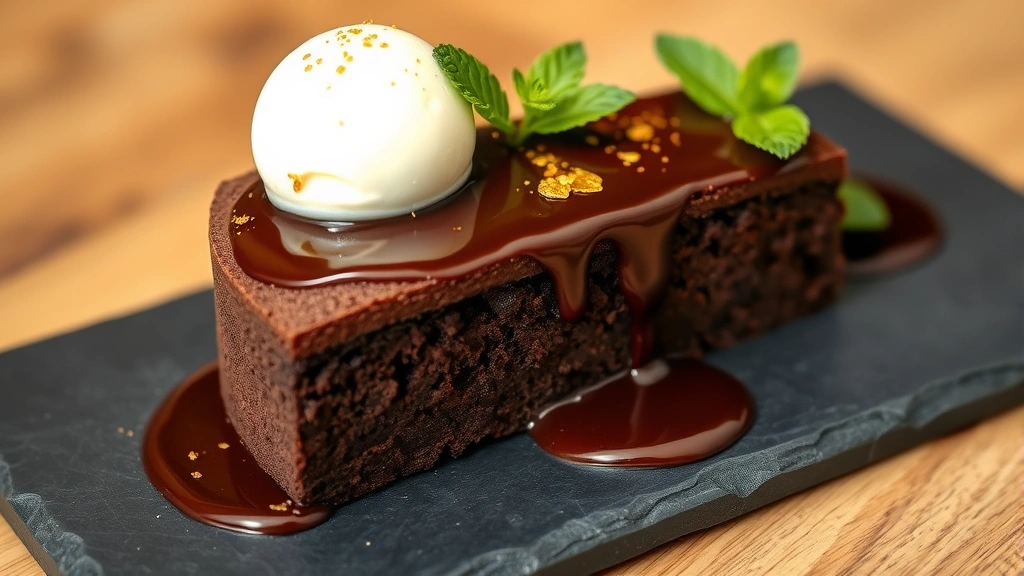Elegant chocolate torte dessert with dense flourless chocolate cake, vanilla bean gelato melting on top, warm chocolate sauce dripping down the side, garnished with gold leaf and fresh mint on a slate plate