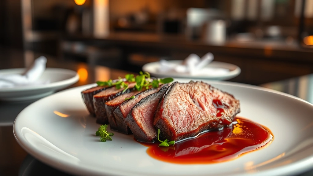 Professional plating of seared duck breast with cherry gastrique and microgreens on white ceramic plate, restaurant kitchen background softly blurred, golden-hour lighting highlighting sauce glossiness