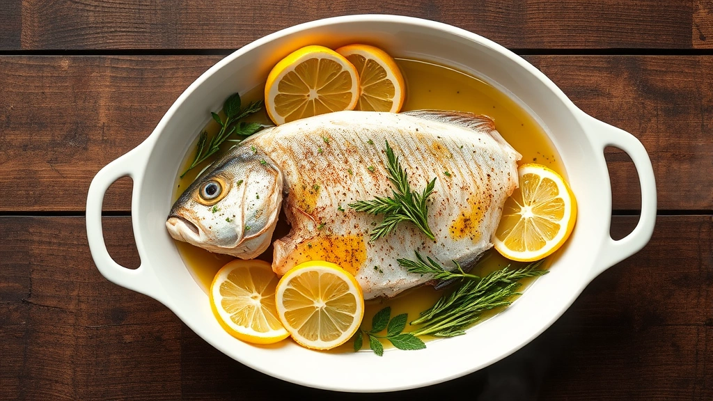 Overhead shot of whole branzino fillet preparation with lemon wedges, fresh herbs, and premium olive oil in elegant white bowl, steam rising slightly, rustic wooden table surface