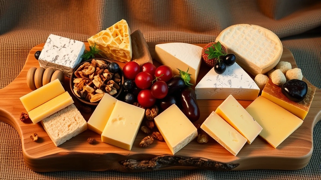 Artisanal cheese board display with 6-8 varieties of aged cheeses, fresh bread slices, honeycomb, nuts, and seasonal fruit arranged on natural wooden board, warm ambient lighting, textured fabric background