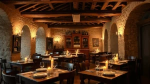 Ancient Spanish restaurant interior with weathered wooden beams, stone walls, and candlelit tables set with traditional white plates and glassware, patina of centuries visible on furniture surfaces