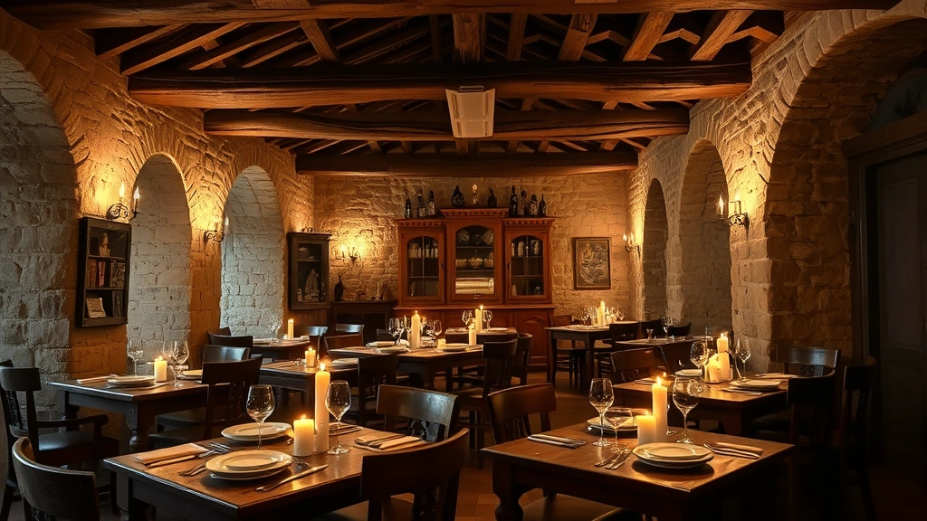 Ancient Spanish restaurant interior with weathered wooden beams, stone walls, and candlelit tables set with traditional white plates and glassware, patina of centuries visible on furniture surfaces