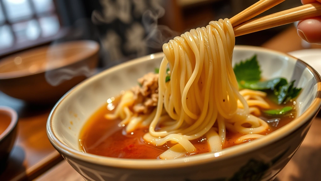 Close-up of traditional Japanese soba noodles in delicate ceramic bowl with dipping sauce, steam rising, traditional wooden chopsticks, authentic preparation in historic restaurant setting