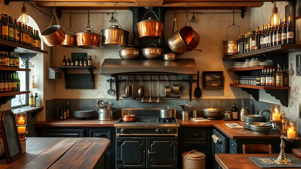 Historic restaurant kitchen with vintage copper pots hanging above traditional stove, aged wooden work surfaces, bottles of aged vinegars and oils on shelves, warm candlelight reflecting off metal surfaces