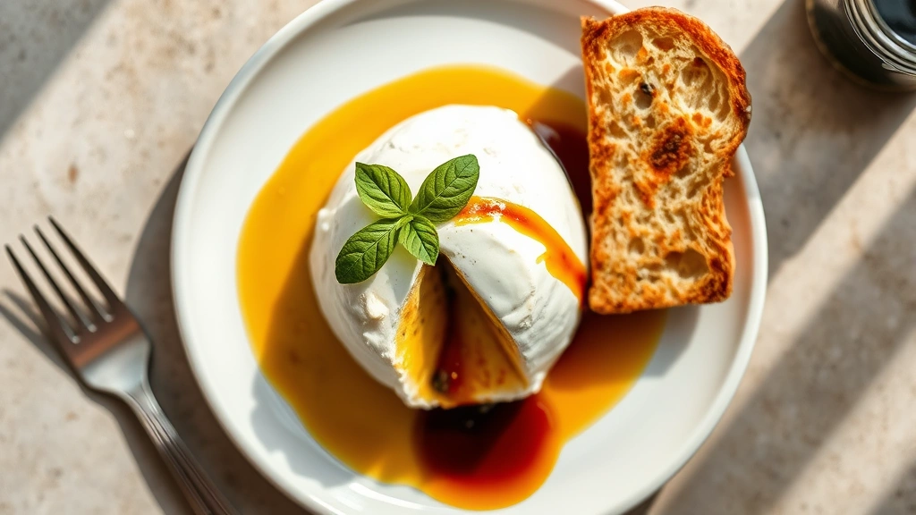 Overhead shot of burrata cheese with basil oil, toasted bread, and balsamic reduction on white ceramic plate, rustic Italian style, natural afternoon light