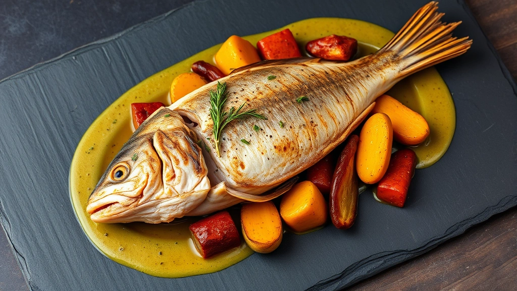 Whole roasted branzino with crispy golden skin, surrounded by caramelized root vegetables and sage brown butter sauce, elegant plating on dark slate, professional culinary presentation
