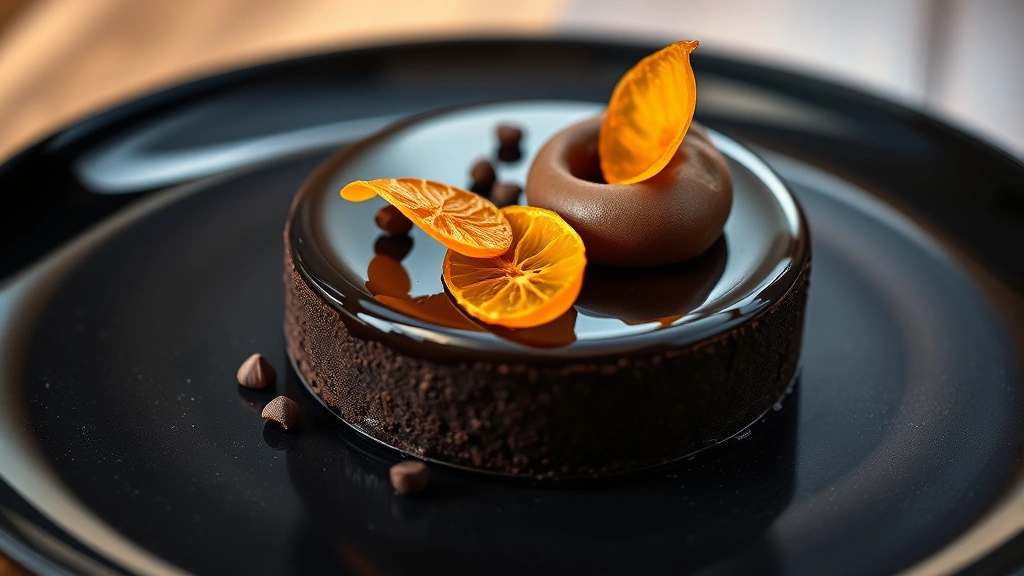 Dark chocolate torte with glossy surface, espresso gelato quenelle, candied orange peel, and cocoa nibs, fine dining dessert presentation, warm studio lighting