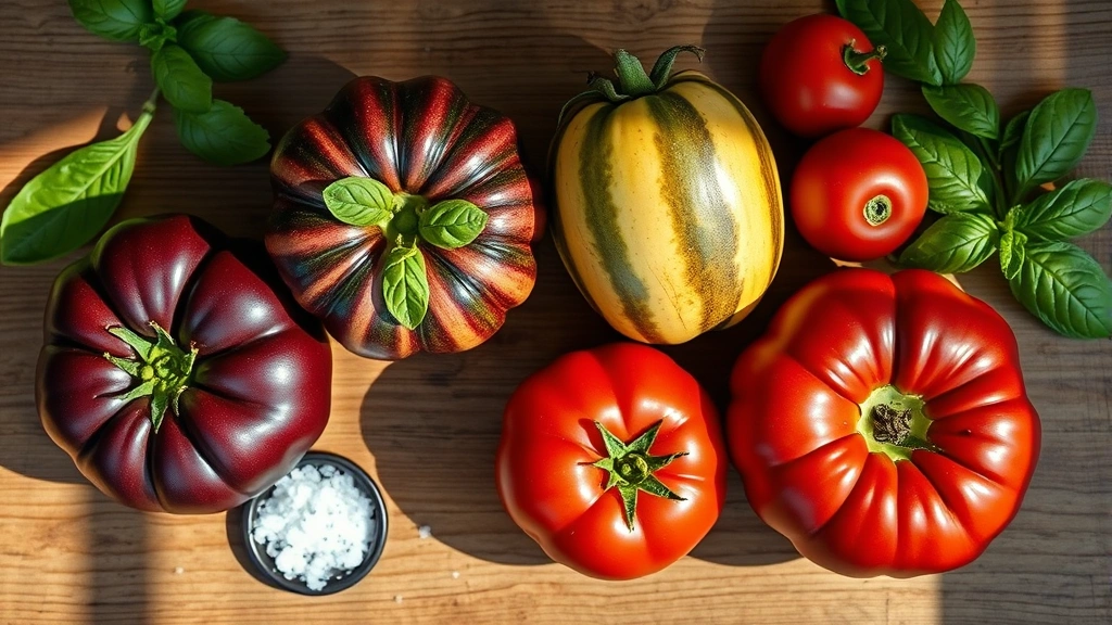 Overhead shot of a wooden table featuring heirloom tomatoes in various colors—deep purple Cherokee Purple, striped Green Zebra, classic red Brandywine—alongside fresh basil leaves and artisanal sea salt, natural sunlight creating shadows, photorealistic farm-to-table aesthetic