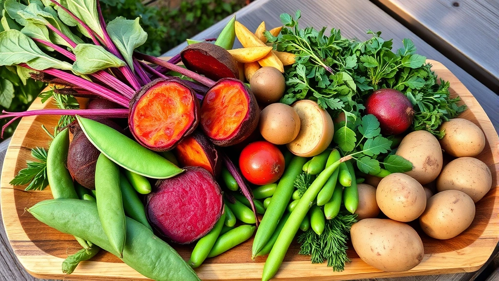 Vibrant seasonal vegetable arrangement featuring roasted beets with earthy tones, tender spring peas, new potatoes, and fresh herbs arranged on rustic wooden board, natural outdoor lighting, celebrating organic produce diversity and seasonal availability
