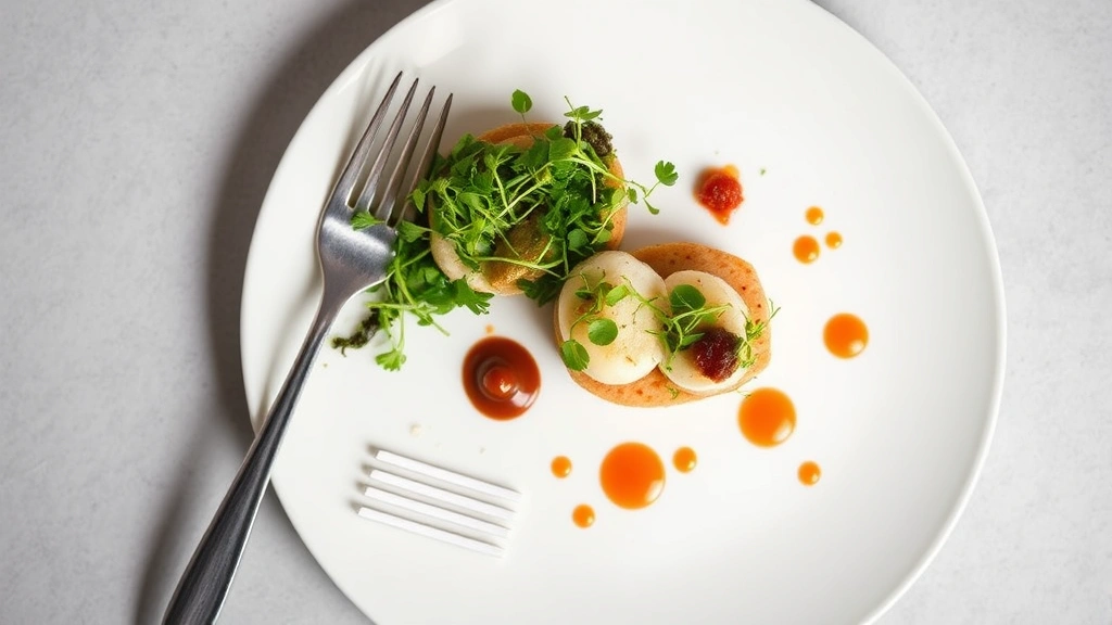 Overhead view of artfully plated fine dining dish with microgreens, sauce dots, and garnishes on white porcelain plate with fork beside it
