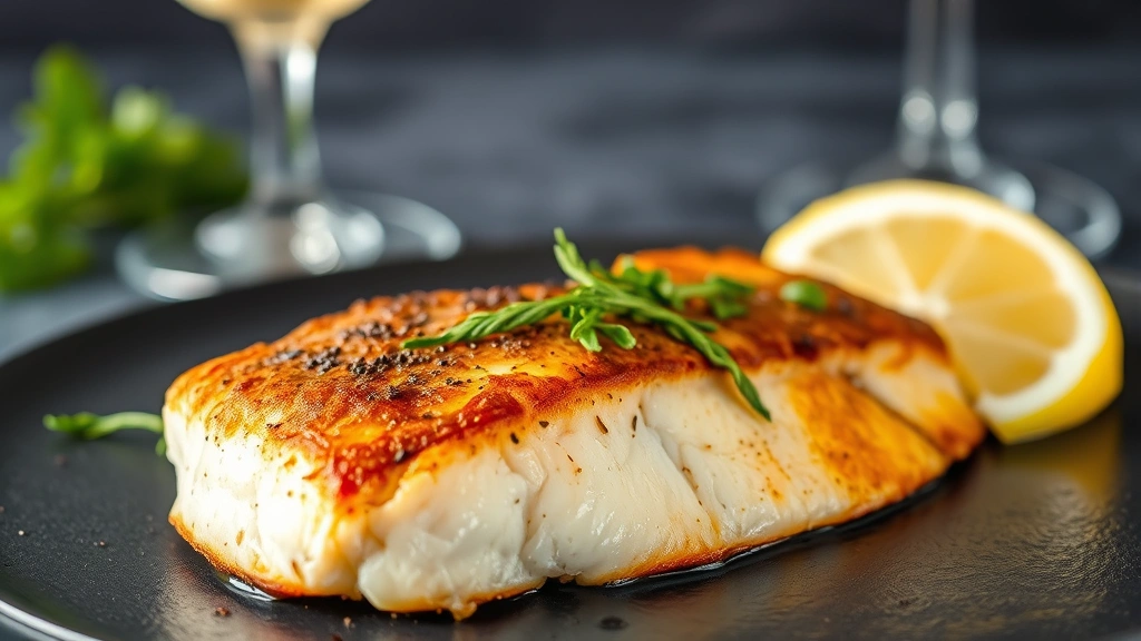 Golden-brown crispy walleye fillet with lemon wedge, fresh herbs, and flaky texture on dark slate plate with wine glass in soft focus background
