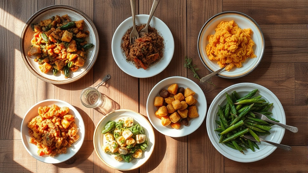 Overhead shot of rustic wooden table with multiple small plates of varied cuisines, fresh herbs scattered, natural window light creating shadows