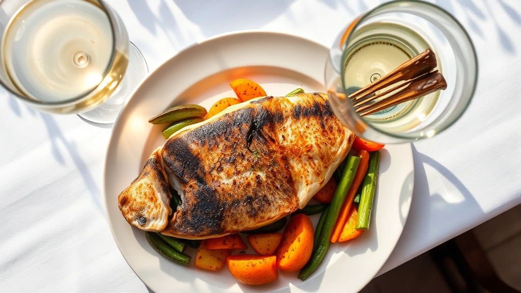 Overhead view of an artfully plated grilled fish fillet with charred exterior, surrounded by roasted seasonal vegetables in vibrant greens and oranges, accompanied by a white wine glass catching natural sunlight, on a white linen tablecloth at a garden terrace setting.