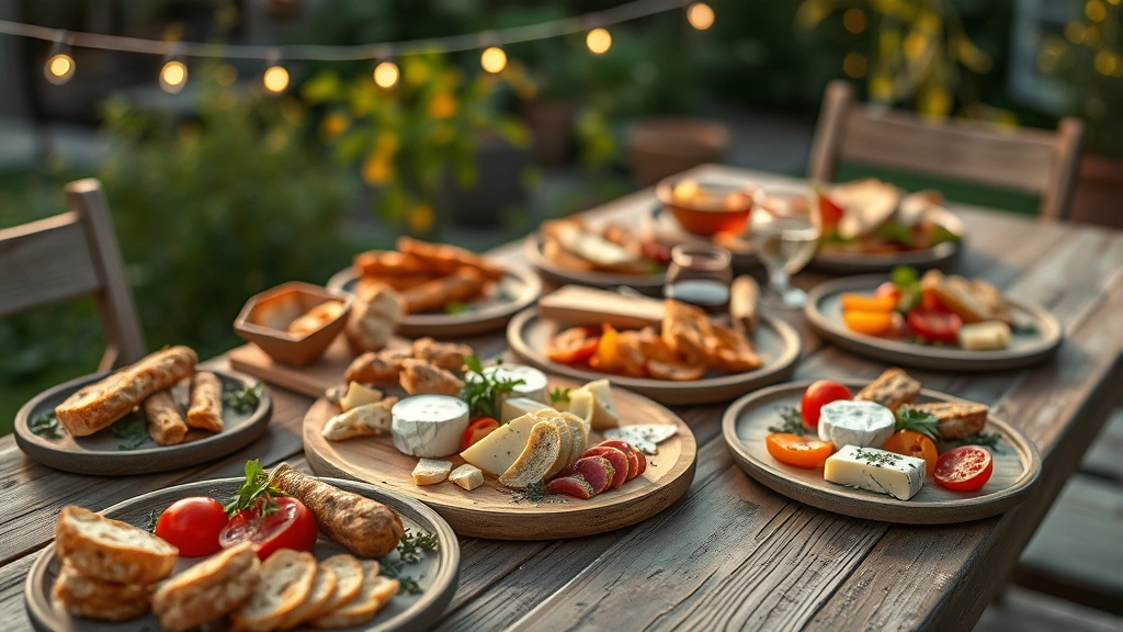 Close-up of a rustic wooden table set with multiple small plates featuring charcuterie, fresh bread, local cheeses, and colorful appetizers, with string lights blurred in background and natural garden foliage visible, golden hour lighting.