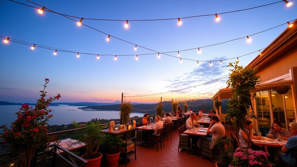 Wide-angle view of an outdoor dining terrace at dusk with diners enjoying meals, soft string lights illuminating overhead, potted plants and flowers framing the space, a distant water feature or landscape visible, warm ambient glow creating intimate atmosphere.