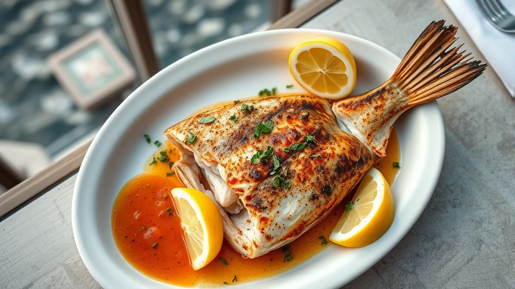 Overhead shot of grilled Mediterranean branzino with crispy skin, lemon wedges, and romesco sauce on white ceramic plate, fresh herbs scattered, coastal Mediterranean restaurant setting with blurred ocean horizon