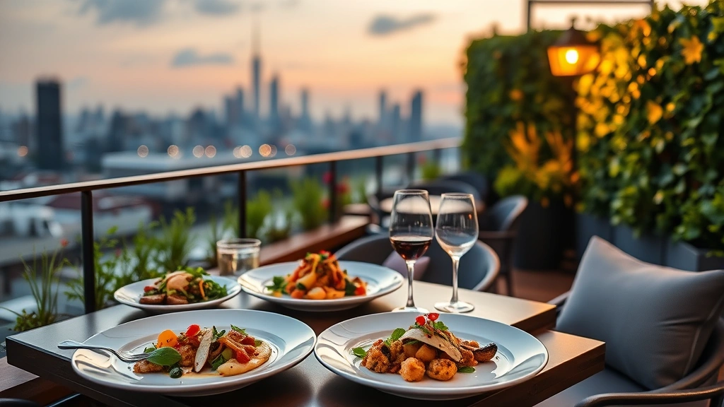 Vibrant rooftop dining scene at golden hour with elegantly plated fusion cuisine, potted Mediterranean herbs and living wall backdrop, city skyline softly blurred, warm ambient lighting on tables