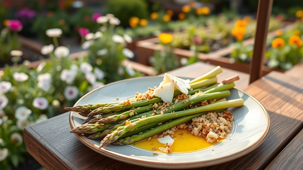 Farm-to-table outdoor garden restaurant with chef-prepared seasonal vegetable plate featuring spring asparagus, brown butter, crispy breadcrumbs, and shaved cheese, surrounded by flowering plants and garden beds in soft afternoon light