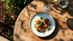Overhead view of gourmet plated appetizer on rustic wooden table with scattered herbs, wine glass, and soft natural sunlight creating shadows, garden setting with blurred foliage background