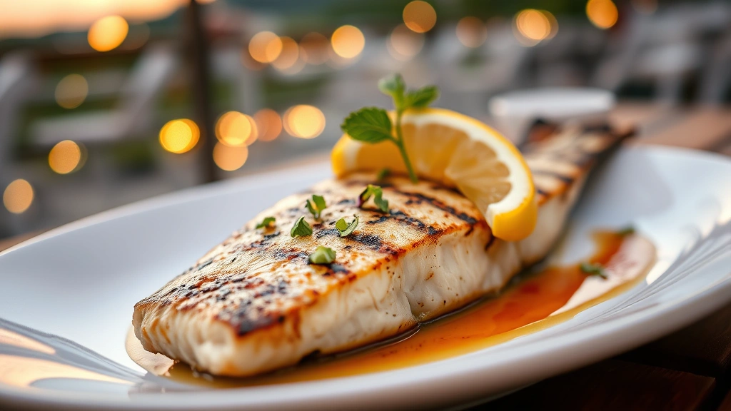 Close-up of perfectly grilled fish fillet with charred exterior, fresh lemon wedge, microgreens garnish, and sauce drizzle on white plate, outdoor terrace with soft evening light and bokeh lights