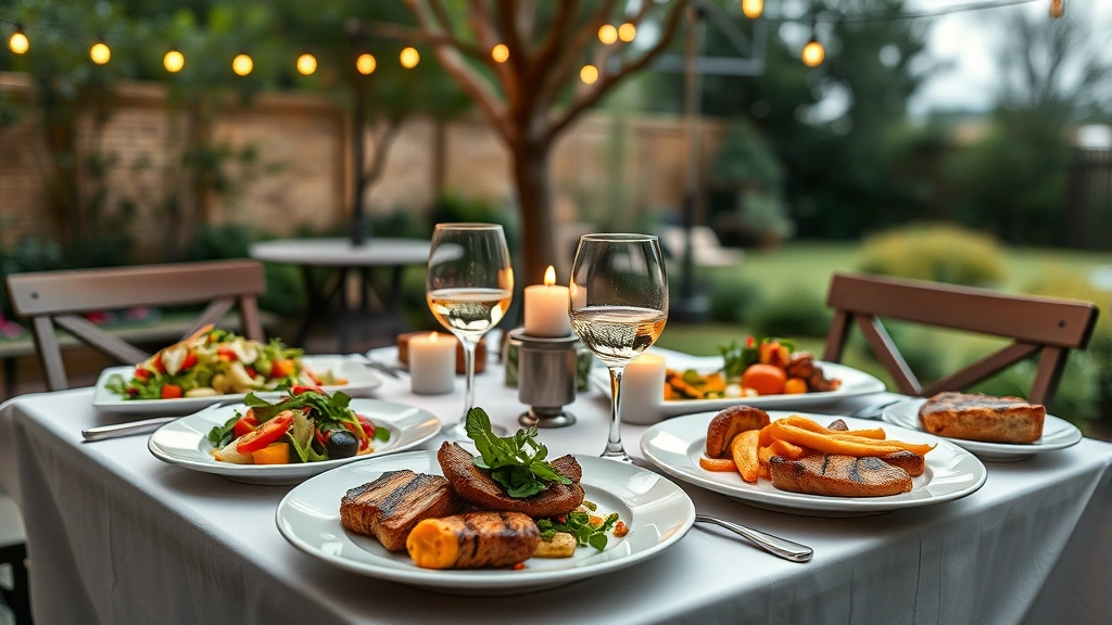 Wide shot of elegant outdoor dining setup with multiple courses visible—fresh salad, grilled proteins, seasonal vegetables on different plates, wine glasses, candlelit ambiance, string lights overhead, natural garden surroundings