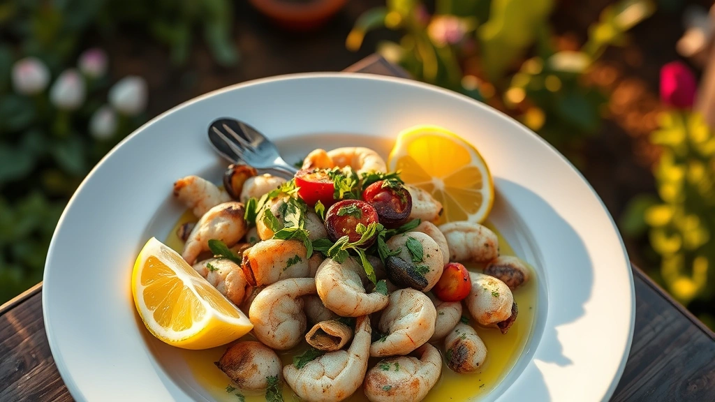 Overhead view of elegantly plated Mediterranean seafood dish with fresh herbs, lemon wedges, and olive oil on white ceramic plate, warm golden evening sunlight creating shadows, garden ambiance blurred in background