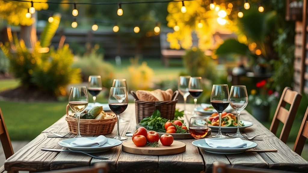 Rustic wooden outdoor dining table set with wine glasses, fresh bread basket, and seasonal vegetable preparations, string lights glowing softly overhead, natural garden surroundings visible, golden hour lighting