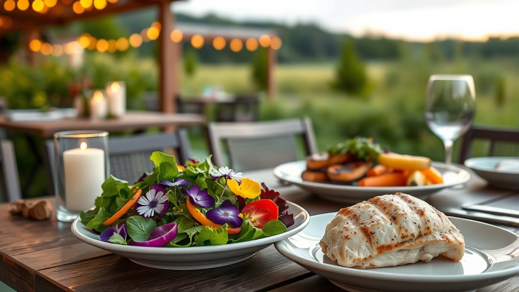 Artfully composed outdoor restaurant scene featuring farm-fresh salad with edible flowers, grilled vegetables, and delicate protein, ambient candlelight and natural landscape, sophisticated plating on neutral dinnerware