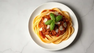 Overhead shot of a perfectly plated handmade tagliatelle with rich Bolognese ragù, garnished with fresh basil and shaved Parmigiano-Reggiano, on white porcelain, studio lighting