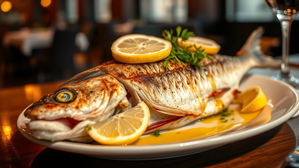 Close-up of a whole roasted branzino with crispy skin, fresh lemon wedges, and premium olive oil drizzle on an elegant plate in warm restaurant lighting