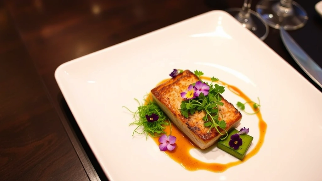 Elegantly plated tasting menu course featuring vibrant microgreens, edible flowers, and perfectly seared protein with artistic sauce drizzle on white ceramic plate, restaurant fine dining setting