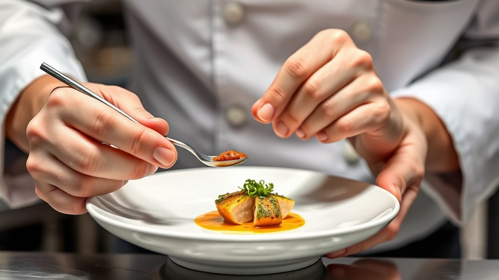 Close-up of chef's hands carefully plating a sophisticated appetizer with tweezers and spoon, showing meticulous attention to detail and culinary artistry in professional kitchen