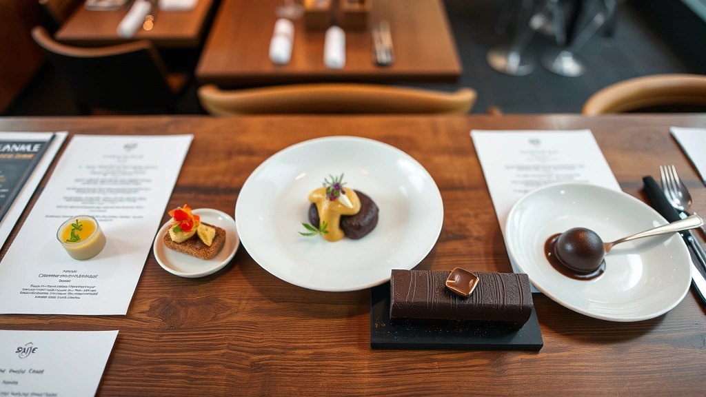 Overhead view of multi-course tasting menu progression displayed on wooden table, showing color variety from pale amuse-bouche to deep chocolate dessert, restaurant ambiance blurred background