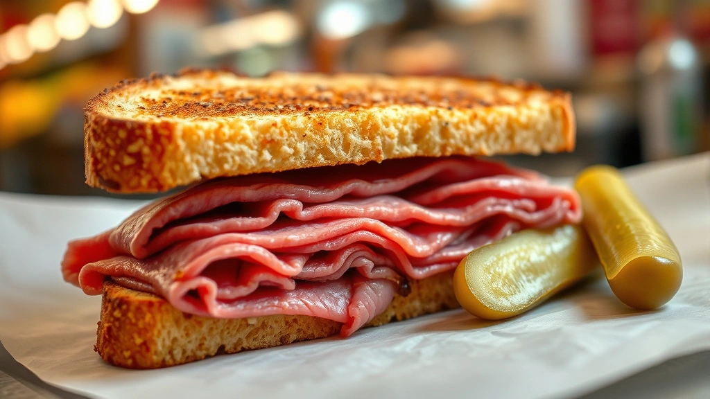 Thick-cut pastrami sandwich on toasted rye bread with visible spice crust, steam rising from freshly sliced meat, pickle spear beside it on wax paper, warm deli lighting background