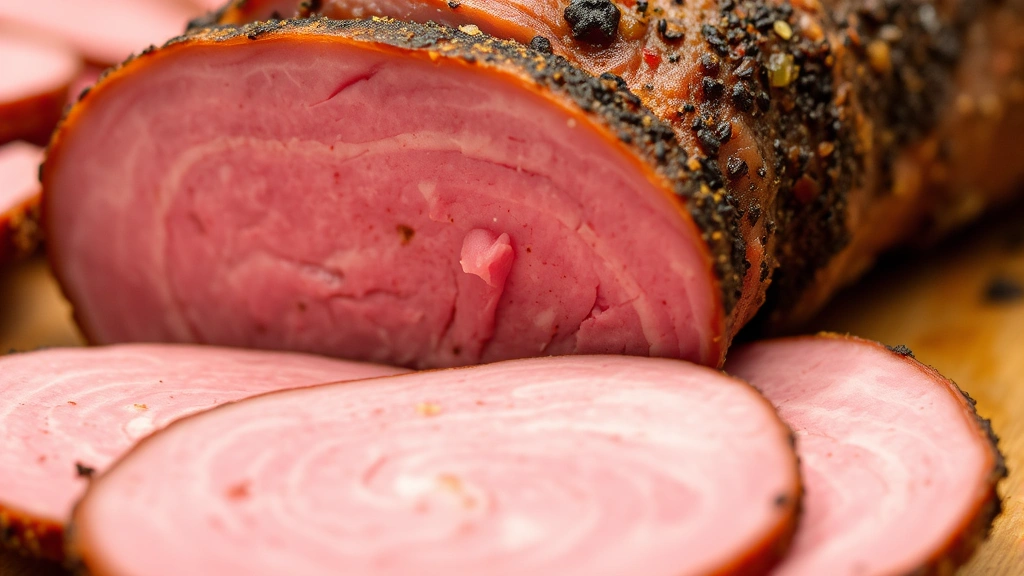 Close-up of hand-sliced pastrami showing tender pink interior and dark spiced exterior crust, individual slices slightly separated revealing meat texture, professional deli counter setting