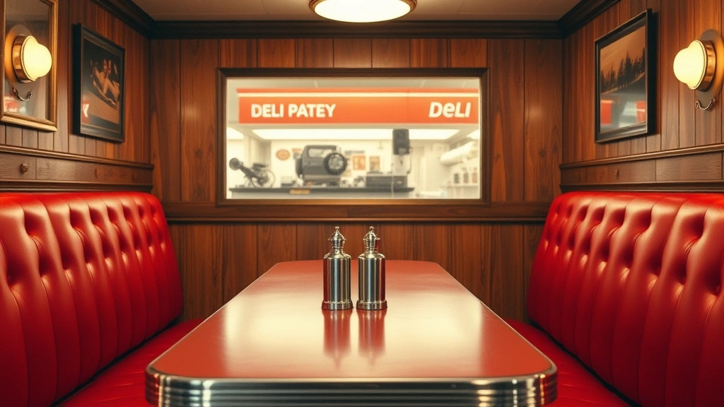 Classic deli booth interior with vintage aesthetic, red vinyl seating, wood-paneled walls, salt and pepper shakers on table, soft warm lighting creating nostalgic atmosphere