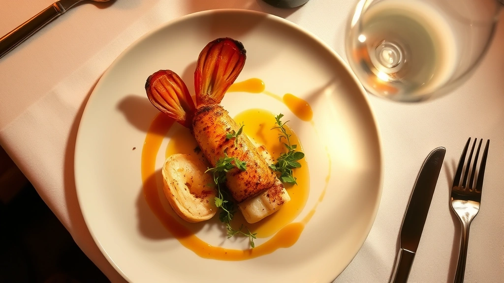 Overhead view of elegant plated French seafood dish with delicate sauce drizzle, microgreens, and wine glass beside it on white tablecloth, warm restaurant lighting