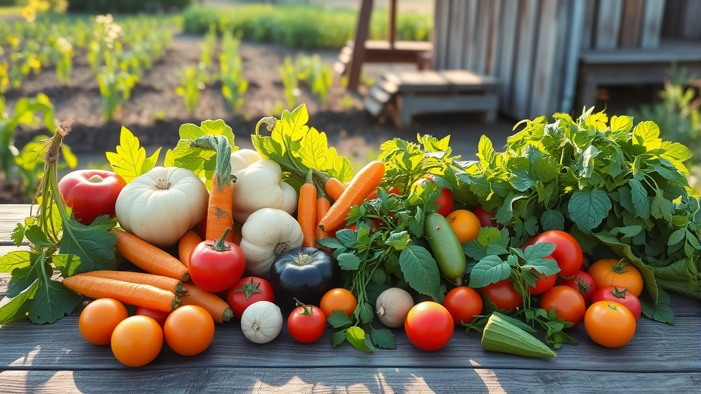 Vibrant seasonal vegetables and fresh herbs scattered on rustic wooden surface, morning light highlighting their colors, organic farm setting in background
