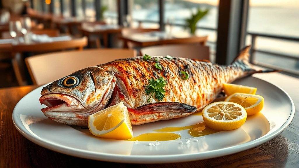 Grilled whole Mediterranean fish on white plate with fresh lemon wedges, olive oil drizzle, sea salt crystals, coastal restaurant ambiance with soft golden hour lighting