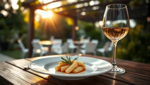 Elegant plated dish with herb garnish on wooden table, wine glass nearby, soft golden hour sunlight filtering through overhead pergola, blurred garden background, fine dining presentation, shallow depth of field, warm atmospheric lighting