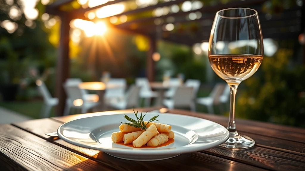 Elegant plated dish with herb garnish on wooden table, wine glass nearby, soft golden hour sunlight filtering through overhead pergola, blurred garden background, fine dining presentation, shallow depth of field, warm atmospheric lighting